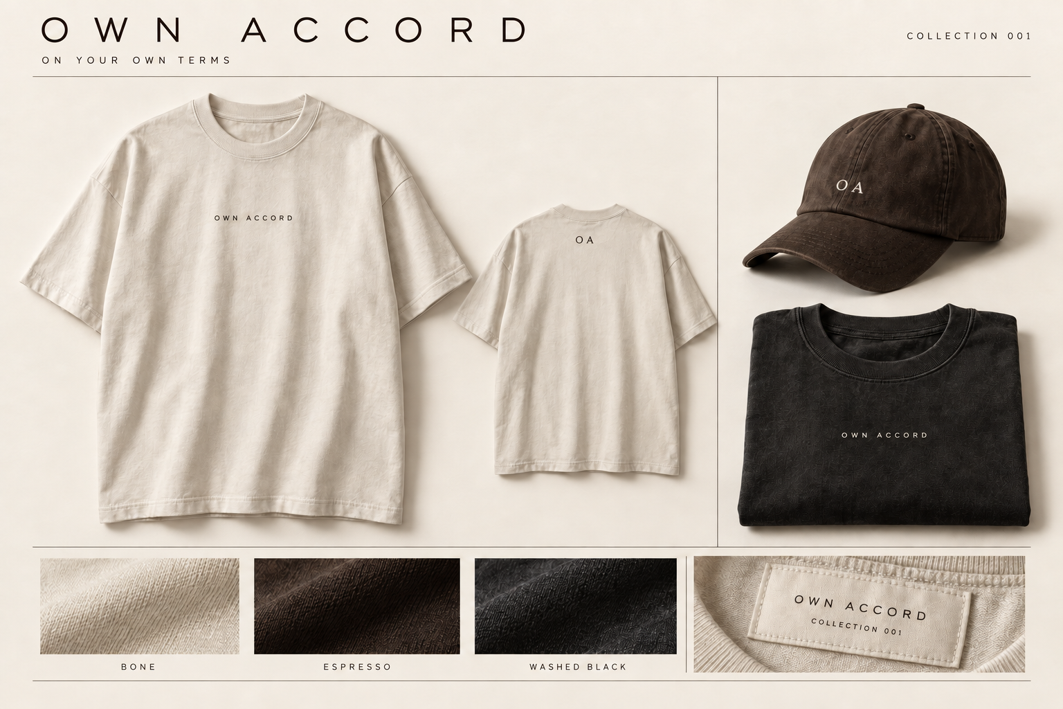 Design studies of OWN ACCORD bone and washed-black tees, espresso cap and woven label